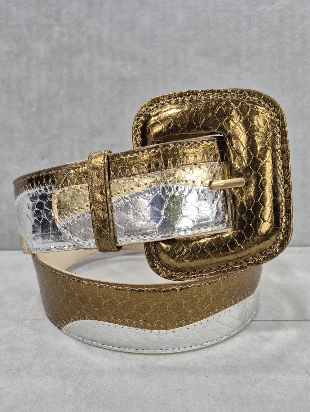 Ritz Snakeskin belt women's M/L gold silver patchwork metallic chunky covered bu